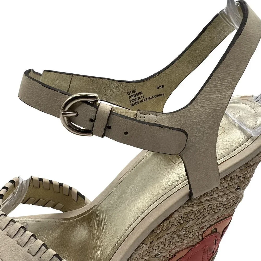 Coach Justeen 9.5 Butterfly Floral Design Woven Espadrille Wedge Leather Sandals